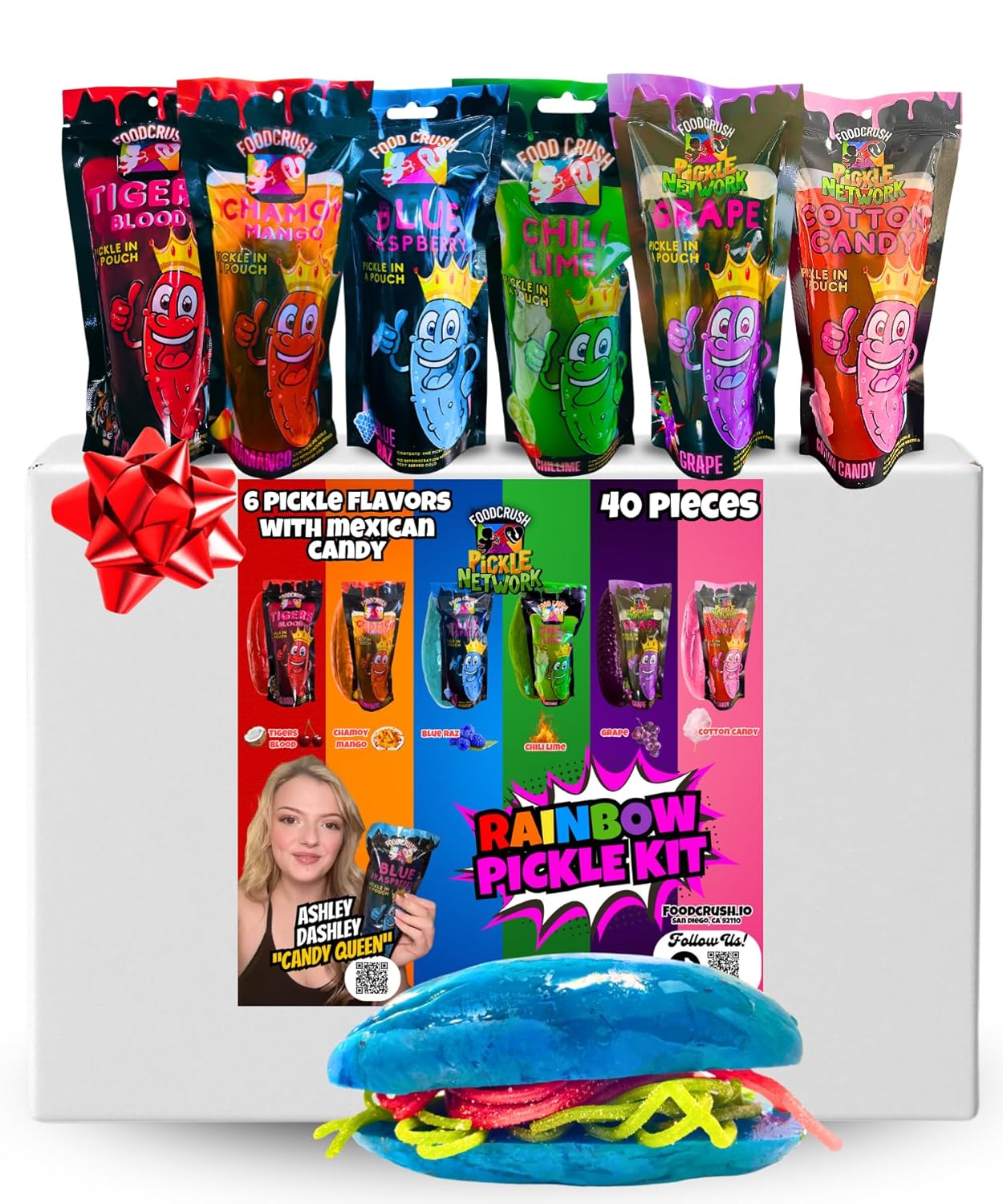 Ashley Dashley's Rainbow Pickle Kit Party Pack Candy Gift Box From Tiktok (40 Pcs)-Pickles: Chamoy, Blue Raz, Cotton Candy, Grape, Hot Lime, T-Blood. Birthday Gifts for Kids, Parties, Family Fun