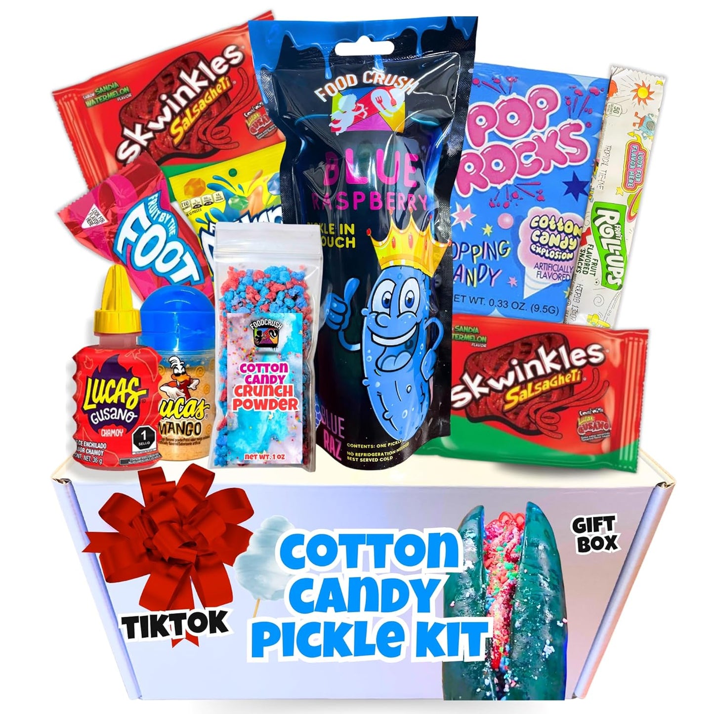 Cotton Candy Pickle Kit Gift Box-W/Blue Pickle, Cotton Candy Crunch, Pop Rocks, Lucas Gusano Chamoy, Skwinkles, As seen on Tiktok gifts for kids teen girls boys by FoodCrush