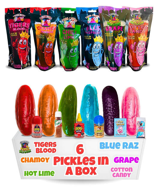 Jumbo Flavored Dill Pickles In A Pouch Sampler Gift Box (Pack of 6-Grape, Cotton Candy, Chamoy, Blue Raz, Tigers Blood, Hot Chili Lime) for College Care Packages, snack, Birthday, Fathers Day, Family