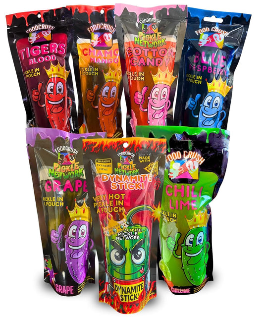 Pack of 7-Variety Pack Of Flavored Pickles In A Pouch: Cotton Candy, Chamoy, Blue Raspberry, Hot Chili Lime, Grape, Super Hot Dynamite, Tigers Blood