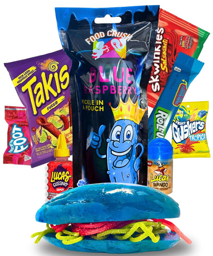 Blue Raspberry Pickle Kit With Takis-Mexican Candy (Dulces Mexicano) with Takis, Fruit Roll up, gushers, Lucas Gusano Chamoy Sauce and more-Tiktok Trend Items by Food Crush