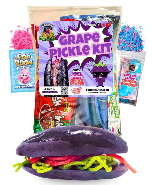Grape Pickle Kit | Candy Gift Pouch-Gifts For Kids teens teen girl boy | w/Fruit Roll ups, skwinkles salsagheti, Lucas chamoy sauce, Mexican candy snacks Variety Pack Tiktok trend items by Food Crush