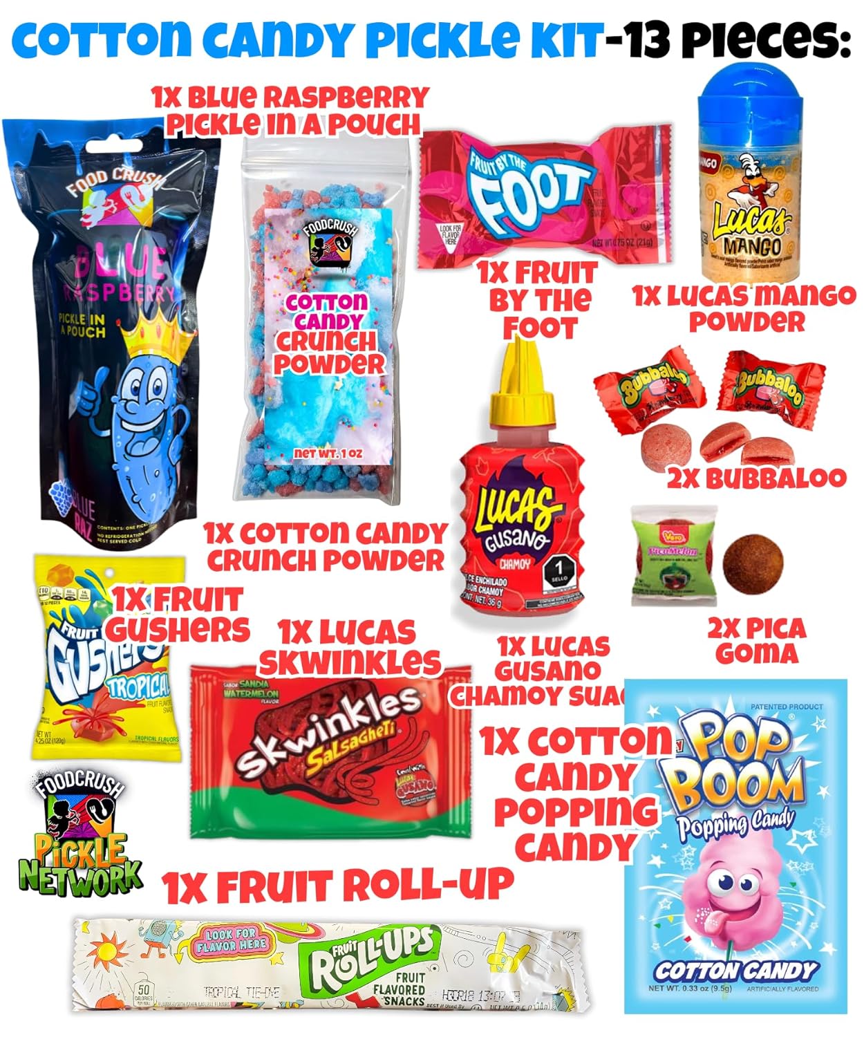 pickle kit with various colorful candies and packaging with skwinkles pop rocks gushers fruit rollup