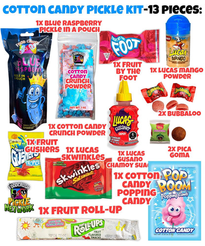 pickle kit with various colorful candies and packaging with skwinkles pop rocks gushers fruit rollup