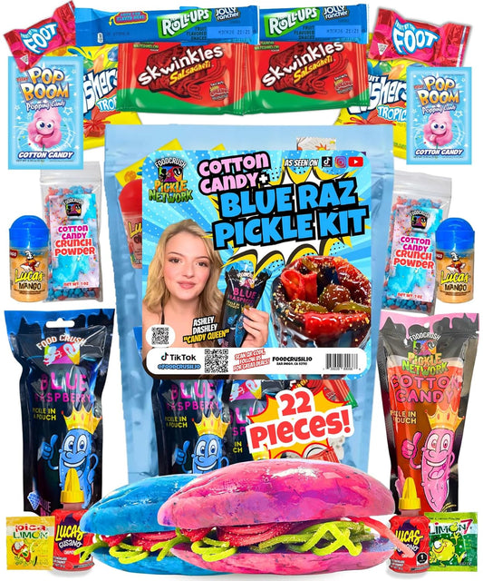 Ashley Dashley's-Blue Raspberry + Cotton Candy Pickle Kit -Gift Pouch-1 Blue Raz + 1 Cotton Candy Pickles w/Skwinkles, Crunch Powder, Fruit Roll Ups-Tiktok Trend Items by Food Crush