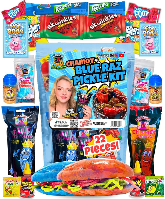 Ashley Dashley's-Blue Raspberry + Chamoy Pickle Kit -Gift Pouch-1 Blue Raz + 1 Chamoy Pickles w/Cotton Candy Crunch Powder, Fruit Roll Ups-Tiktok Trend Items by Food Crush