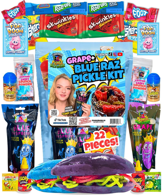 Ashley Dashley's-Blue Raspberry + Grape Pickle Kit -Gift Pouch-1 Blue Raz + 1 Grape Pickles w/Skwinkles, Crunch Powder, Fruit Roll Ups-Tiktok Trend Items by Food Crush
