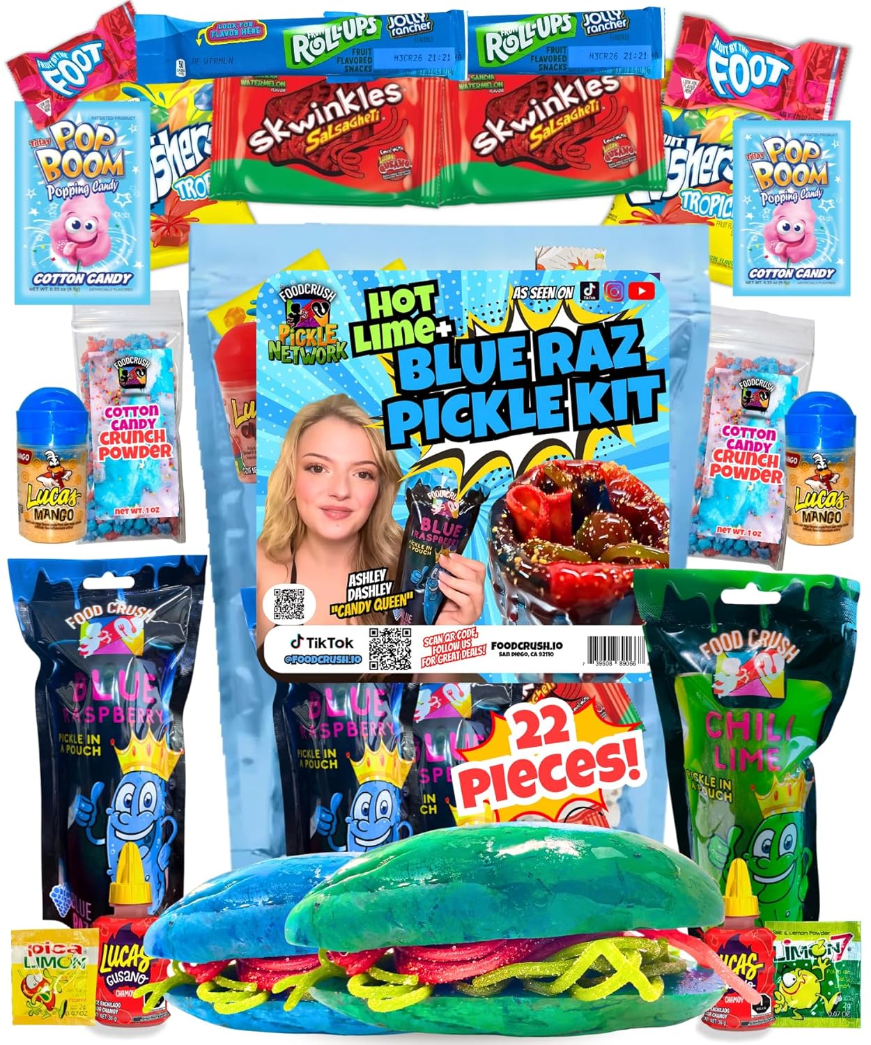 Blue Raspberry Pickle Kit + Hot Chili Lime Pickle-Gift Pouch by Ashley Dashley from Tiktok-1 Blue + 1 Hot Lime Pickles w/Skwinkles, Crunch Powder, Fruit Roll Ups by Food Crush