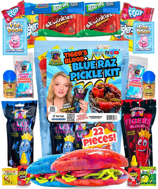 Ashley Dashley's-Blue Raspberry + Tiger's Blood Pickle Kit -Gift Pouch-1 Blue Raz + 1 Tiger's Blood Pickles w/Skwinkles, Crunch Powder, Fruit Roll Ups-Tiktok Trend Items by Food Crush