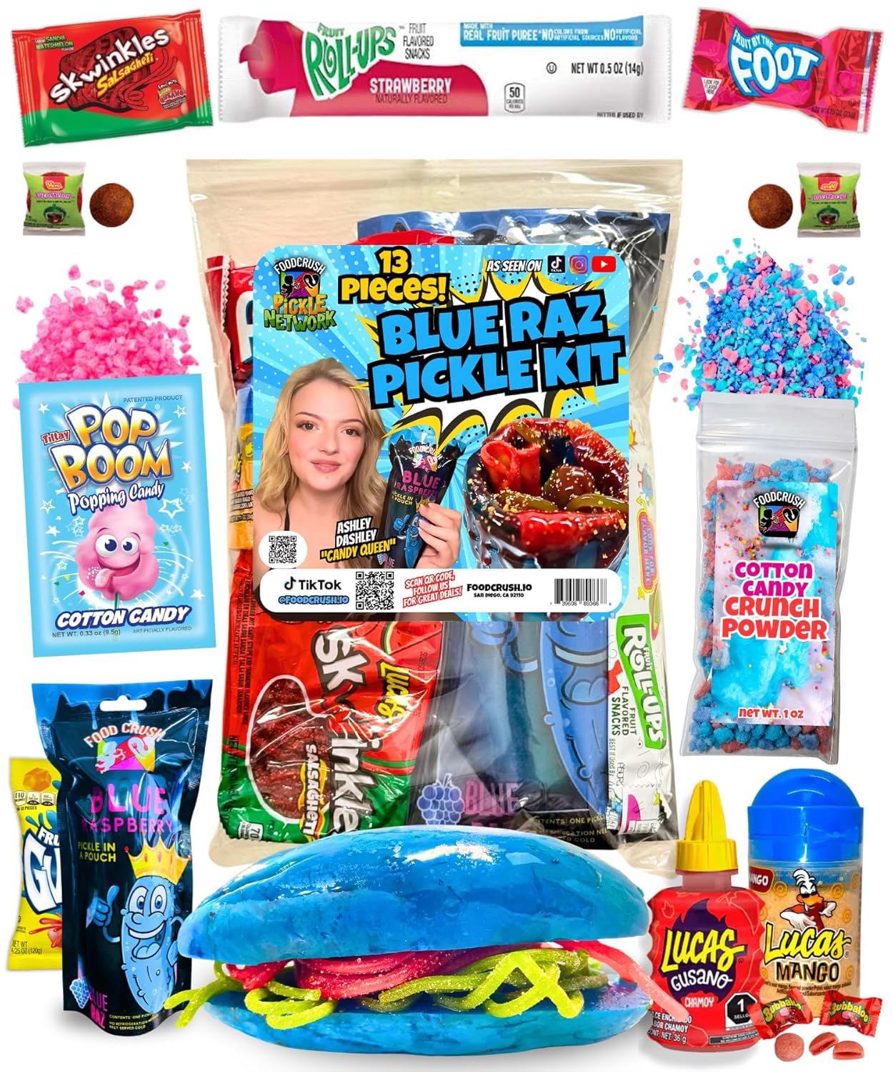 Assorted Mexican candy and snack products including Blue Raz Pickle Kit on a white background