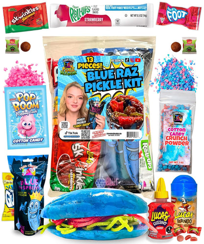 Assorted Mexican candy and snack products including Blue Raz Pickle Kit on a white background