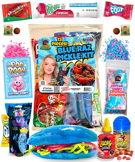 Assorted Mexican candy and snack products including Blue Raz Pickle Kit on a white background