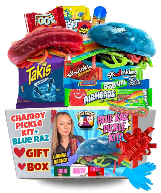 Chamoy Pickle Kit For 2 + Blue Raspberry Pickle Kit Easter Valentines Day Gift Box From Tiktok with Takis chips, Fruit Roll ups, skwinkles and other Mexican candy snacks Variety Pack by Food Crush