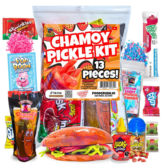 Chamoy Pickle Kit + Cotton Candy Crunch-Tiktok Candy Gift Pouch (13 Pcs)-Birthday Gifts For Teens, Kids From Tiktok w Fruit Roll ups, skwinkles salsagheti Mexican candy snacks Variety Pack by Food Crush
