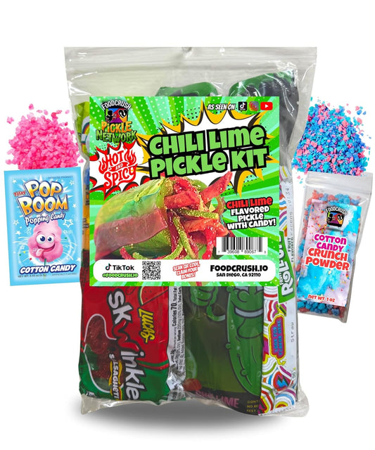 Spicy Hot Chili Lime Pickle Kit + Cotton Candy Crunch-Tiktok Challenge Candy Gift Pouch (13 Pcs)-Birthday Gifts For Teens w Fruit Roll ups, skwinkles Mexican candy snacks Variety Pack by Food Crush