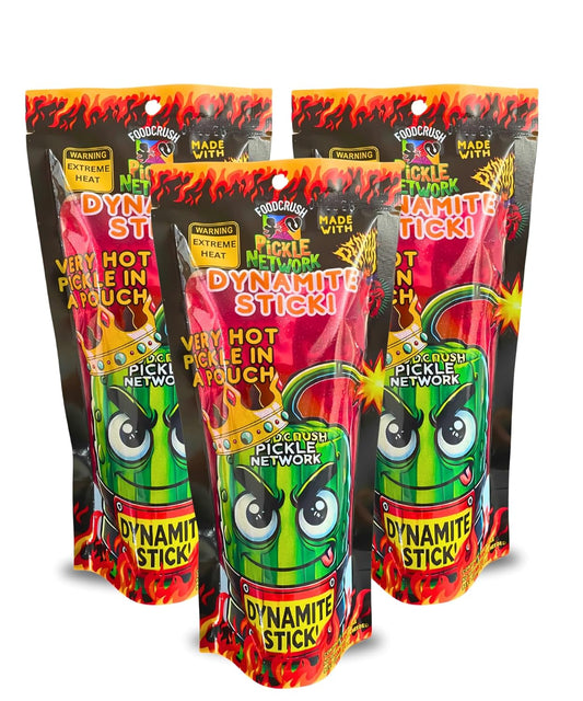 WORLDS HOTTEST PICKLE-Food Crush Dynamite Stick-Spicy Pickles In A Pouch! (Pack of 3) Hot & Juicy and actually tastes great! Infused with hot sauce with an earthy beet flavor, perfect on burgers.