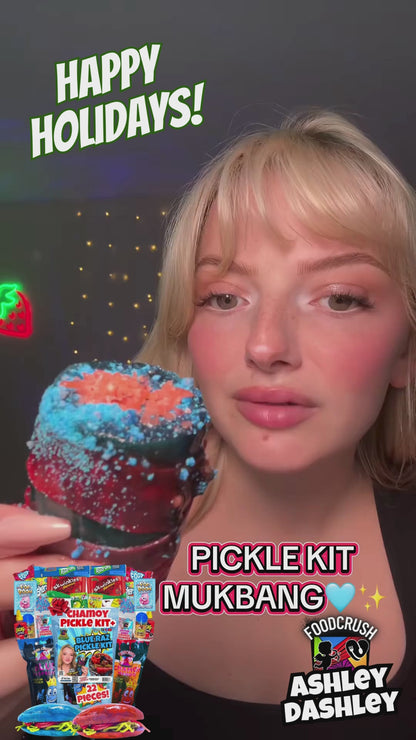 Ashley Dashley's-Blue Raspberry + Tiger's Blood Pickle Kit -Gift Pouch-1 Blue Raz + 1 Tiger's Blood Pickles w/Skwinkles, Crunch Powder, Fruit Roll Ups-Tiktok Trend Items by Food Crush